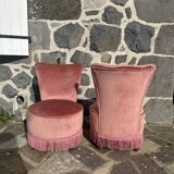 Pair of frog armchairs in pink velvet