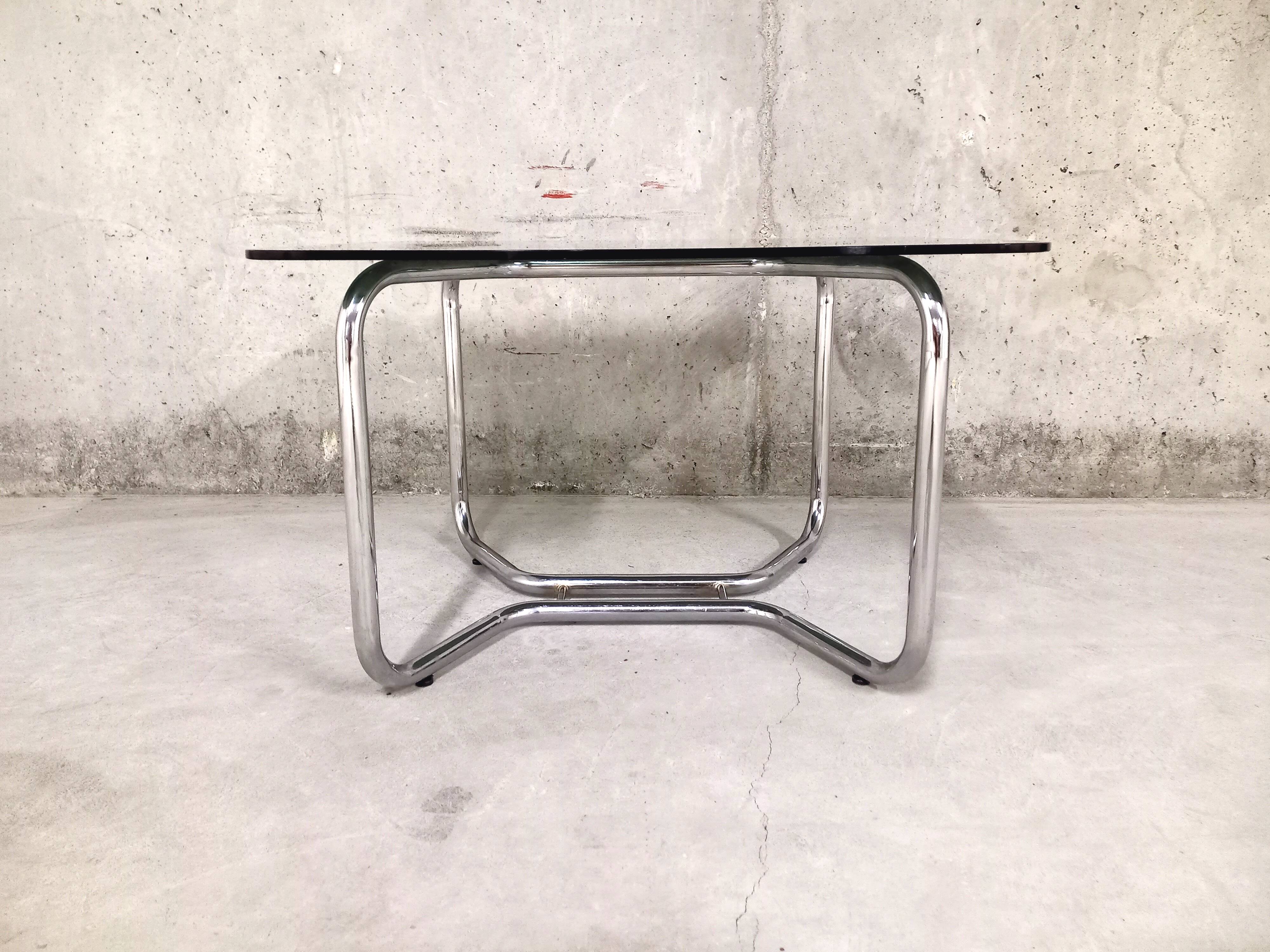 Table basse vintage en verre et métal chromé années 70