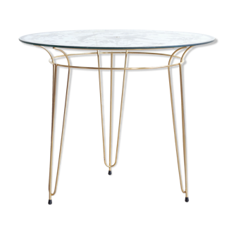 Triple tripod table in golden brass and screen-printed glass