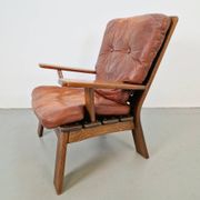 Brutalist Wood Armchair with Brown Leather Upholstery, Germany, 1960s