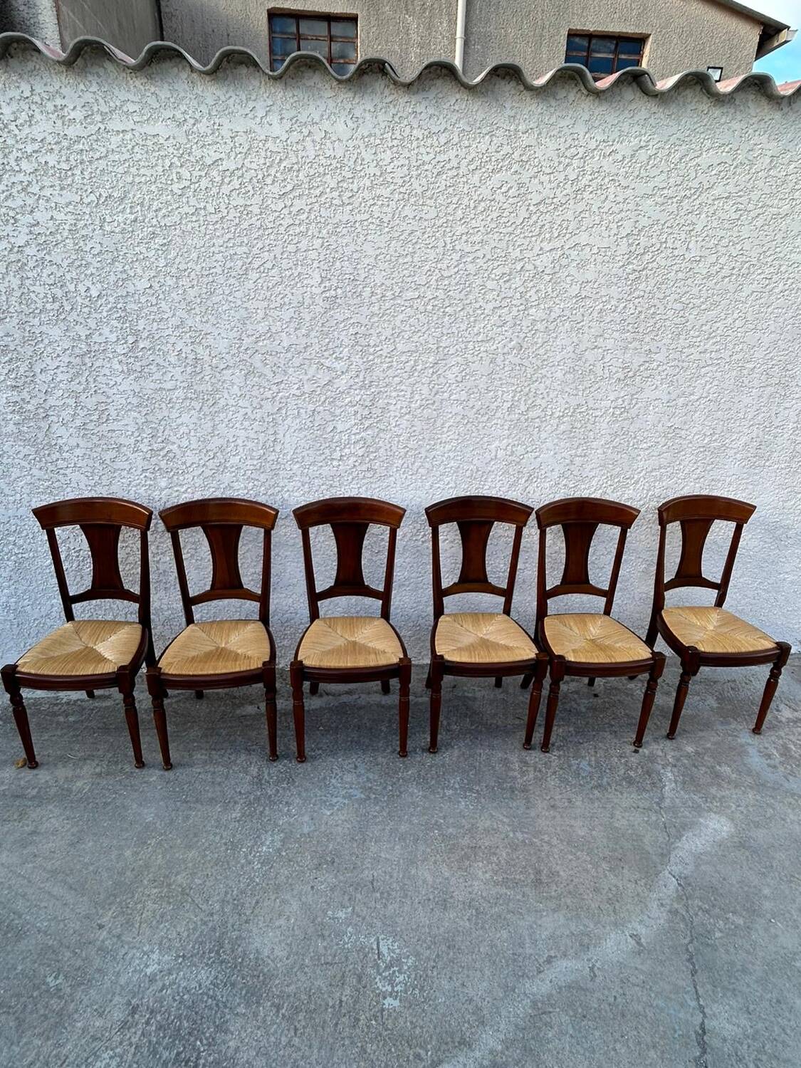 Set of 6 cherry wood chairs with straw seats