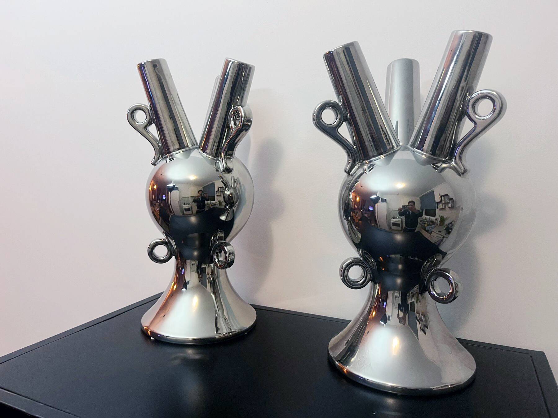 2 Large Vintage Vases • Chrome Ceramic • XXL • 1990