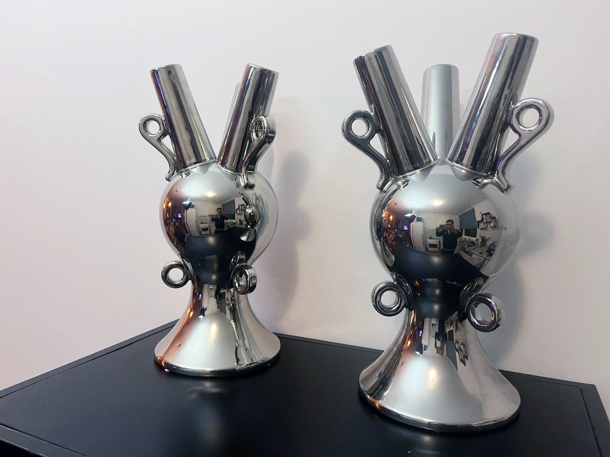 2 Grands Vases Vintage • Céramique Chromée • XXL • 1990
