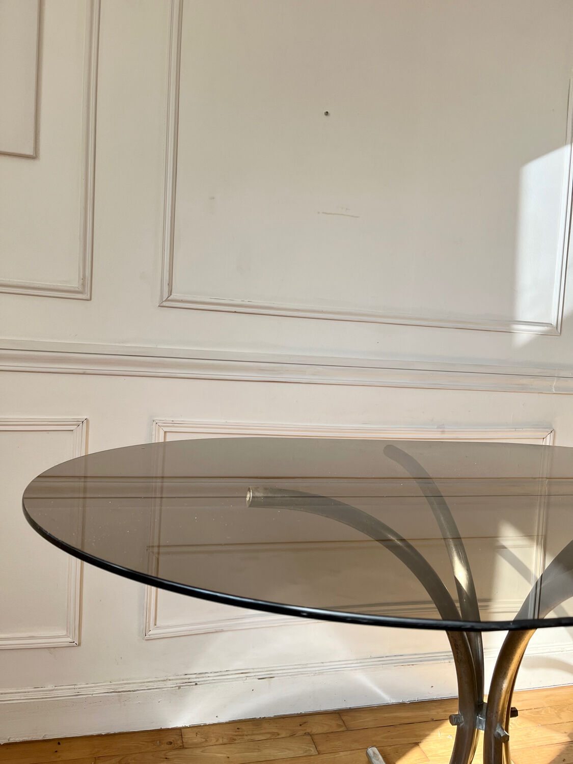 Vintage smoked glass oval dining table