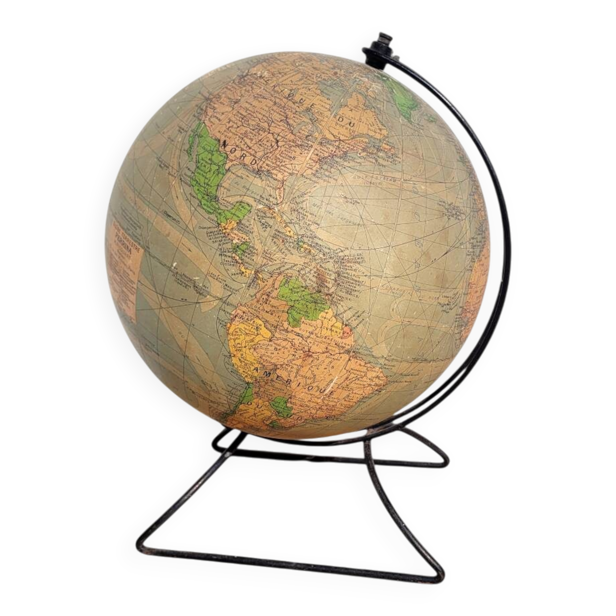 Old illuminated globe world map made of glass and paper.