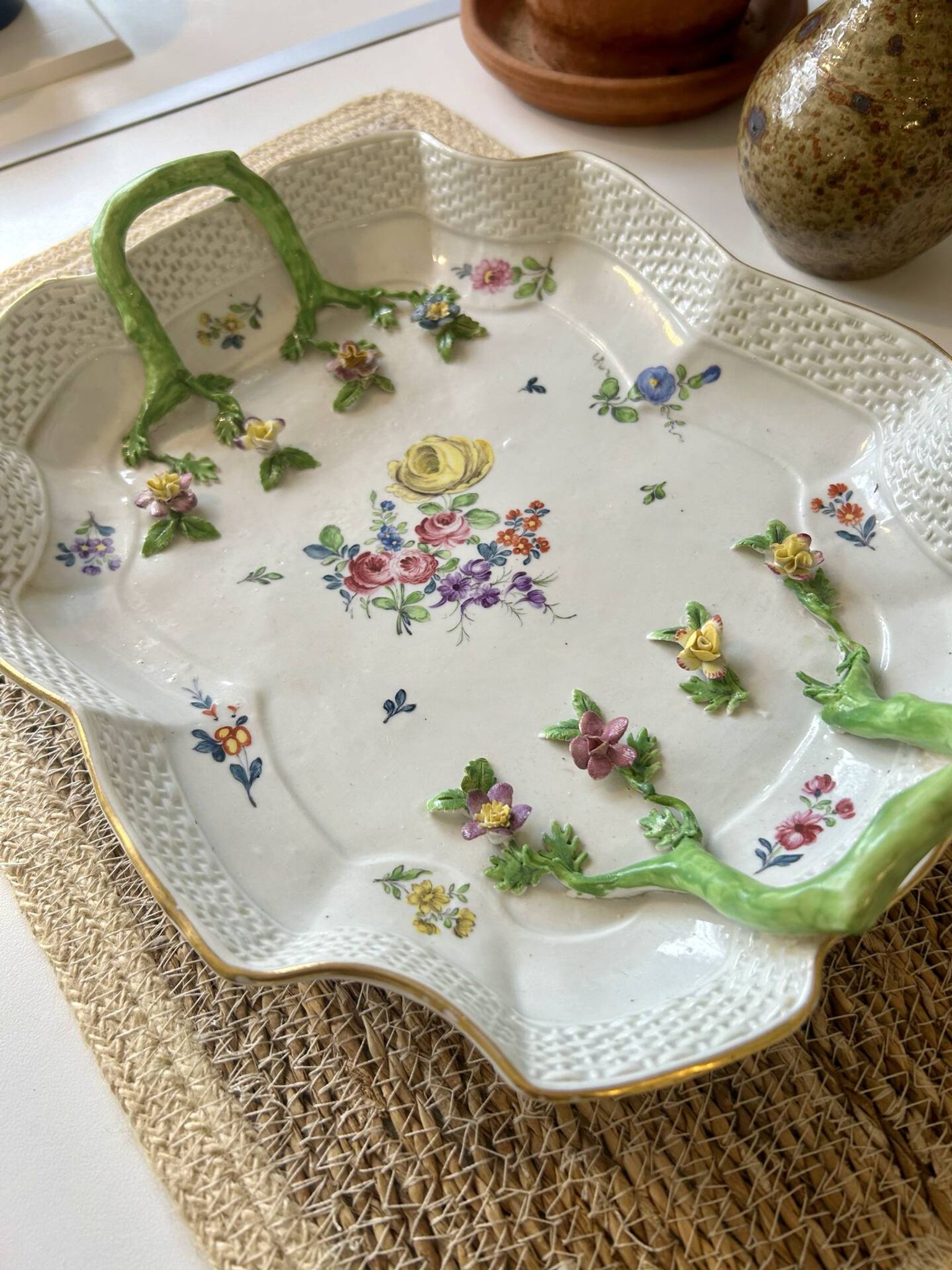 Large decorative antique plate with raised flowers – 19th century style