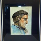 Portrait d’un vieux marin signé Arlo, aquarelle