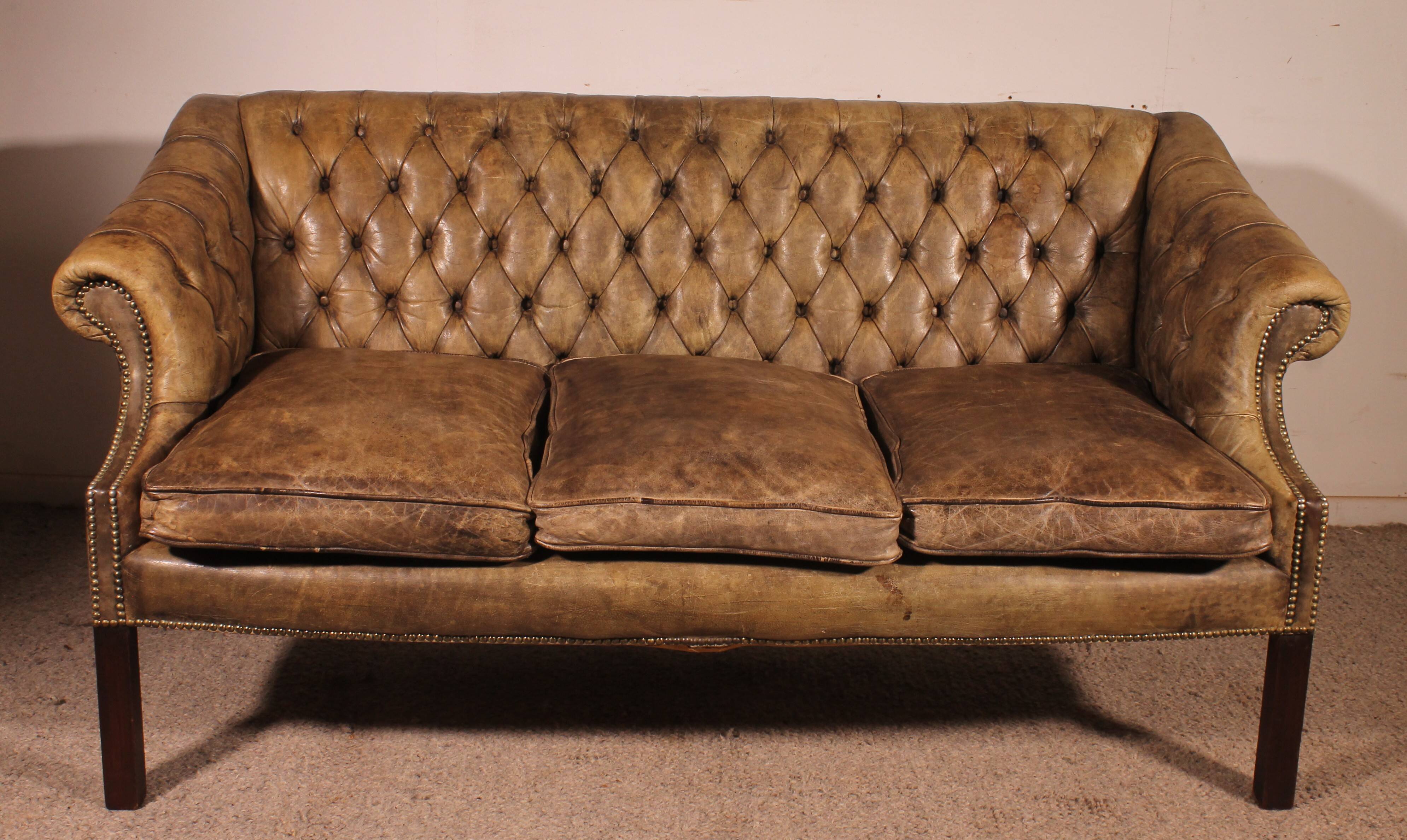 3-seater chesterfield in light olive green leather