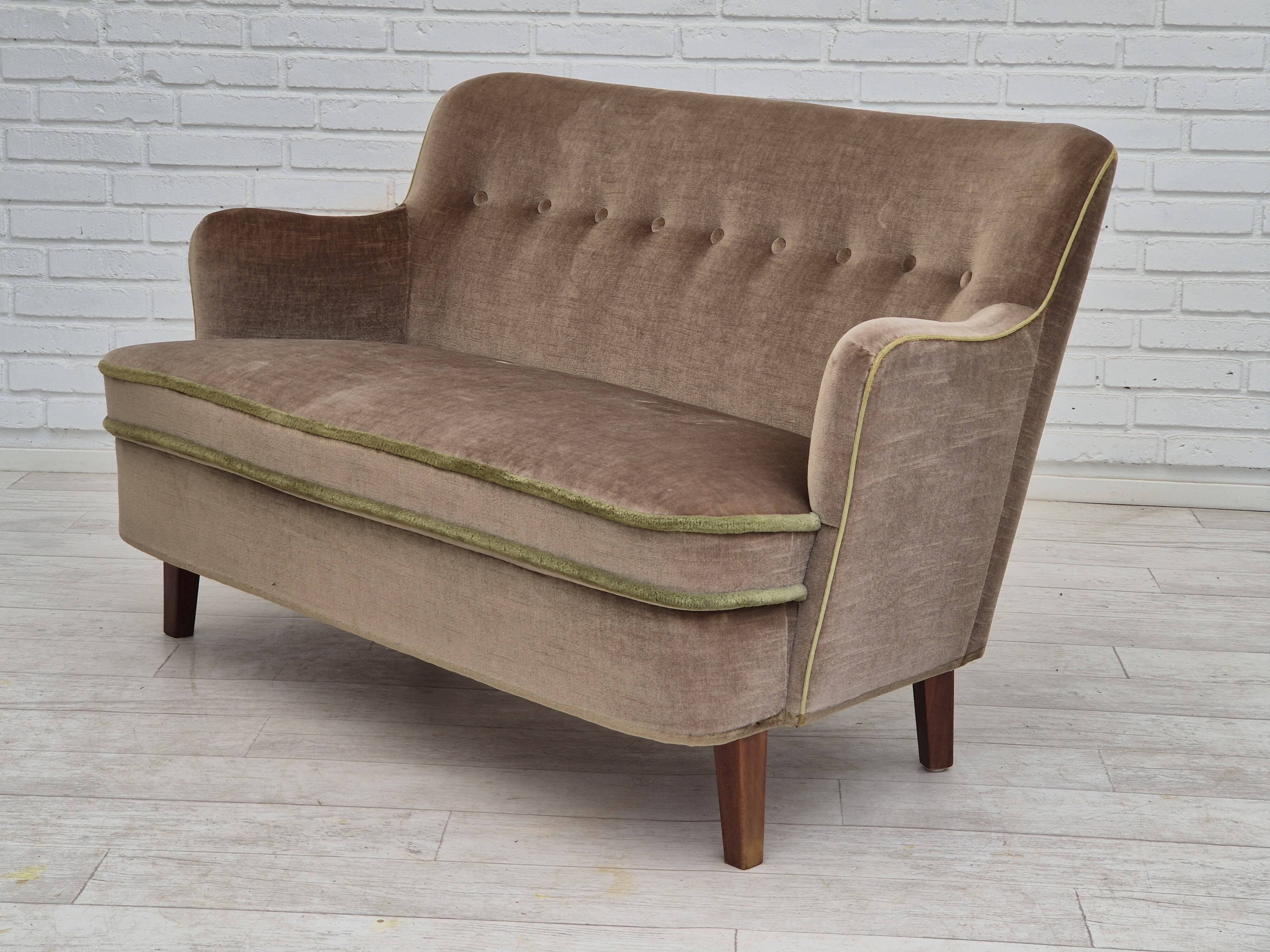 1960s, Danish 2 seater sofa, original condition, furniture velour, beech wood legs.