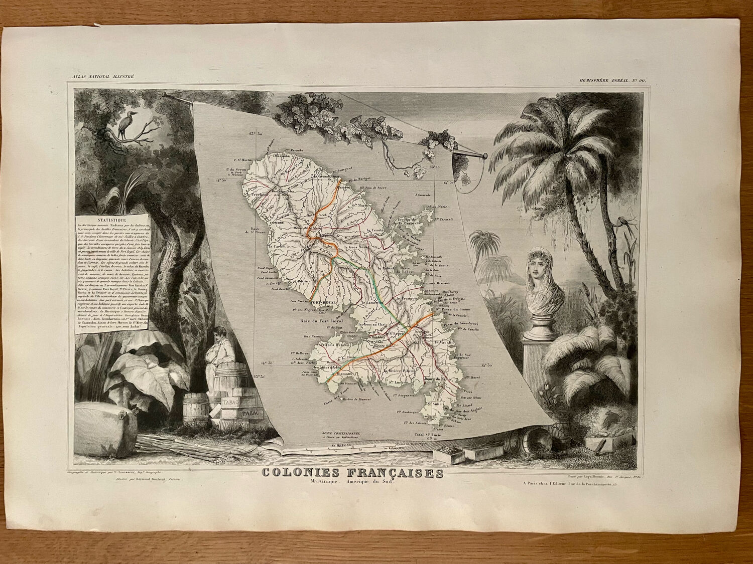Illustrated map of Martinique and South America 1840