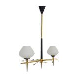 Vintage 2-spoke chandelier Moderniste Arlus from the 1950s. Black metal, brass, opaline