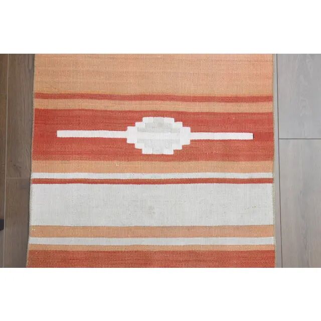 1970s Vintage Turkish Hand-Knotted Wool Cotton Orange Runner Rug 85389