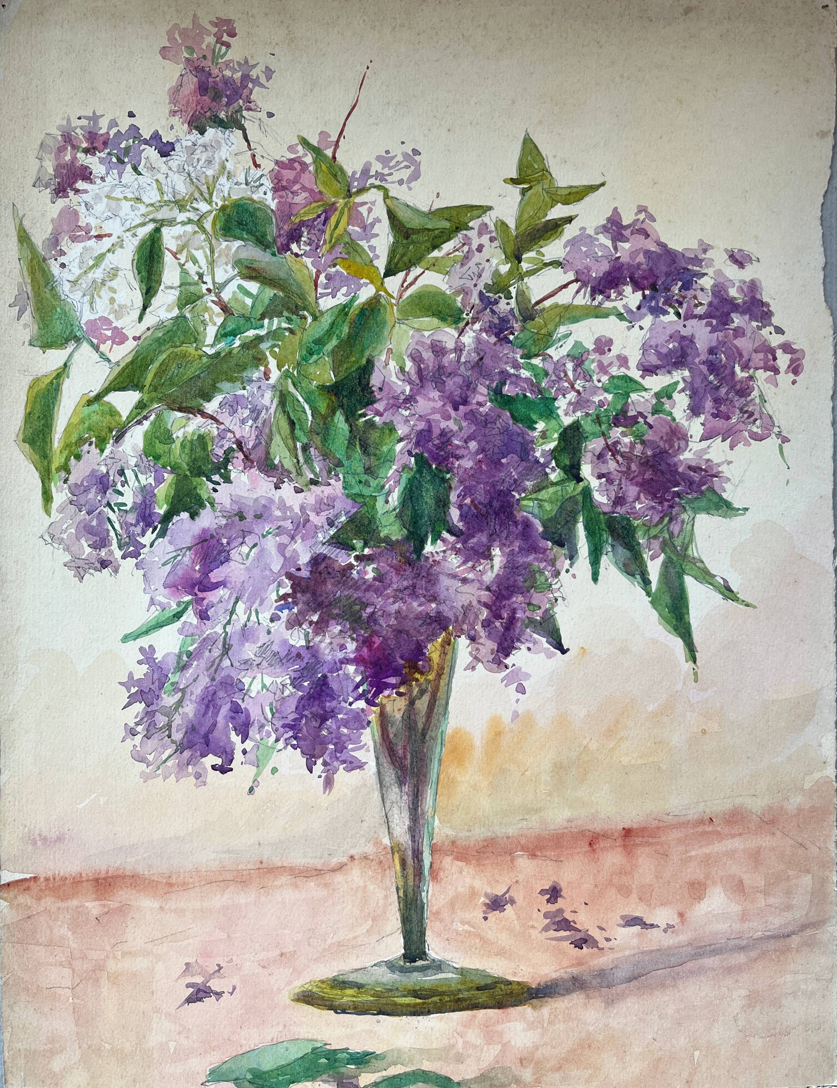 Painting Set of 2 watercolors Jetty/bouquet of Lilac flowers early 20th century