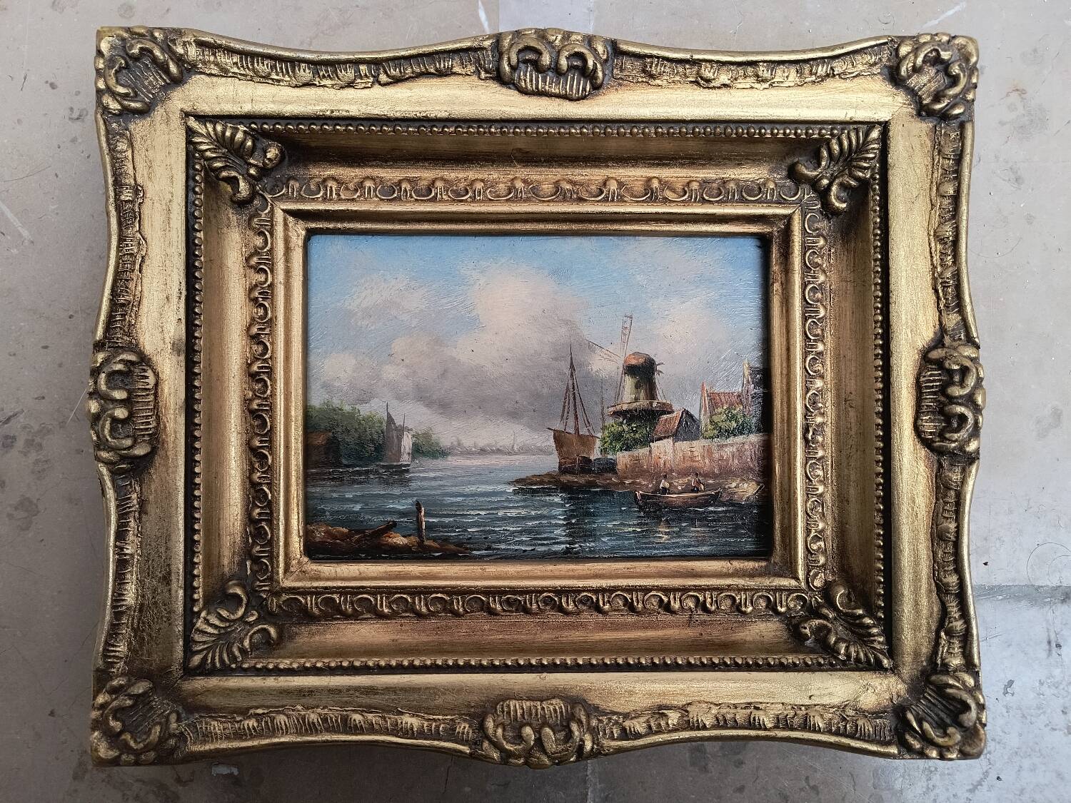 Oil on canvas, Dutch harbour landscape - Very ornate wooden frame