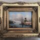 Oil on canvas, Dutch harbour landscape - Very ornate wooden frame