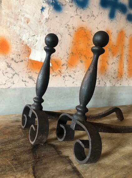 Vintage andirons, pair of andirons, fireplace accessory, cast iron brass andirons