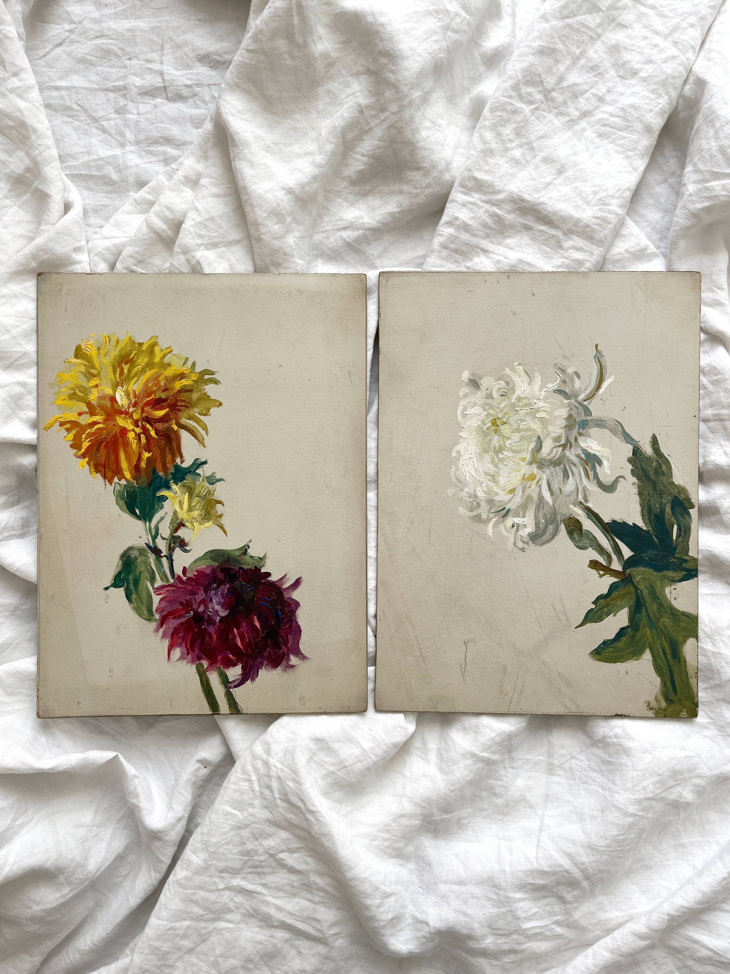 2 paintings on old cardboard dahlia flowers