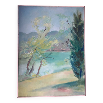 Trees by the lake, oil on canvas