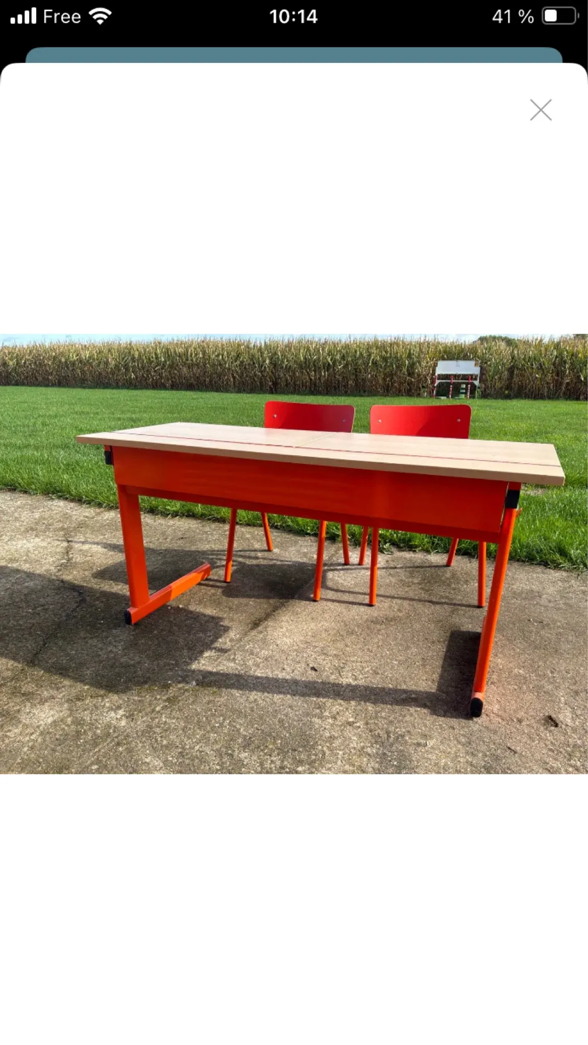 Vintage orange double school desk with its 2 matching chairs.