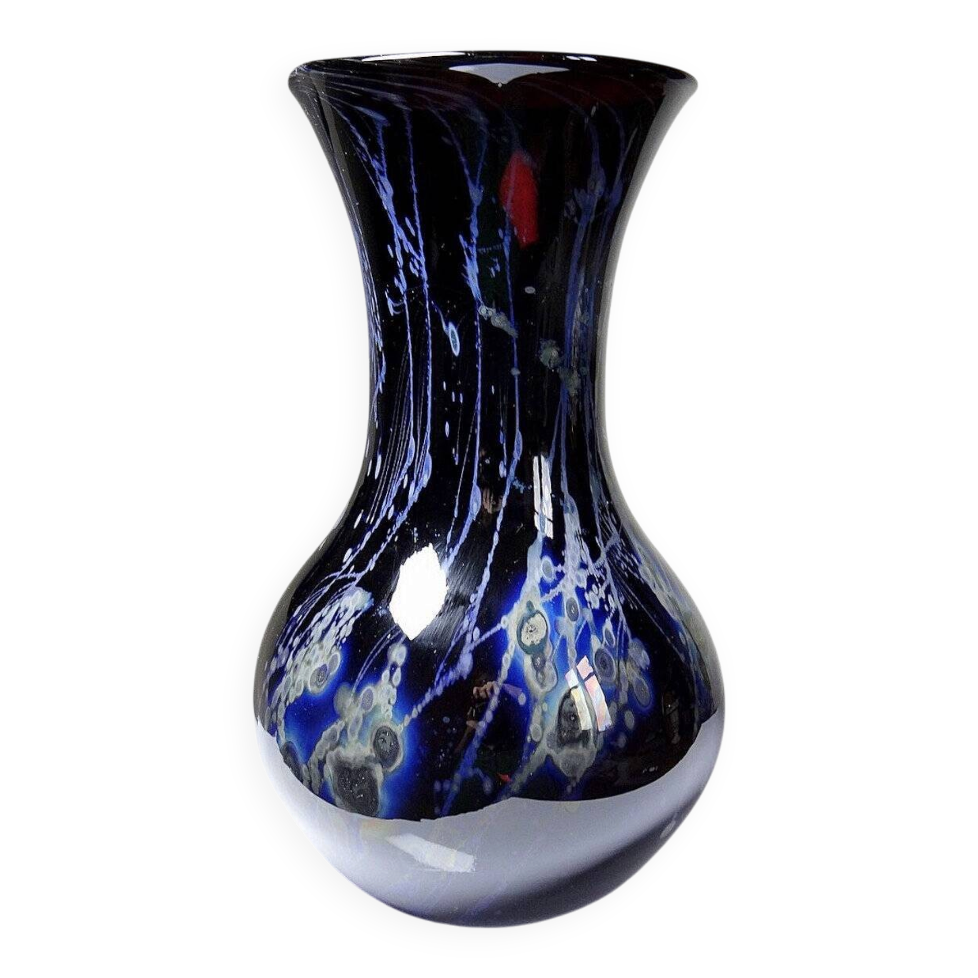 Large vintage purple art glass vase with silver glitter inclusions.