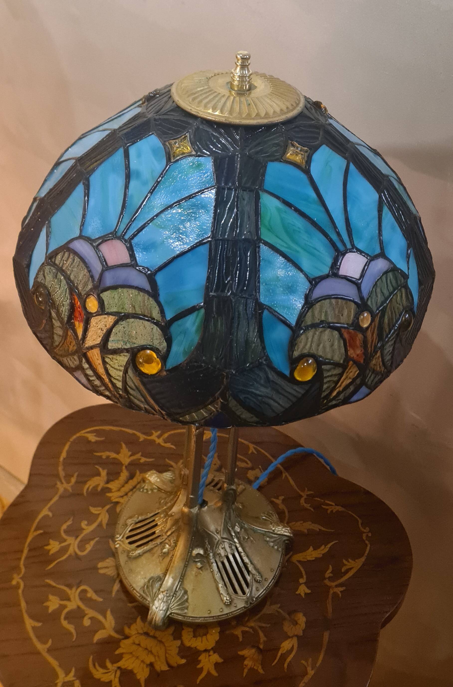 Antique lamp, patinated bronze, art nouveau, stained glass lampshade