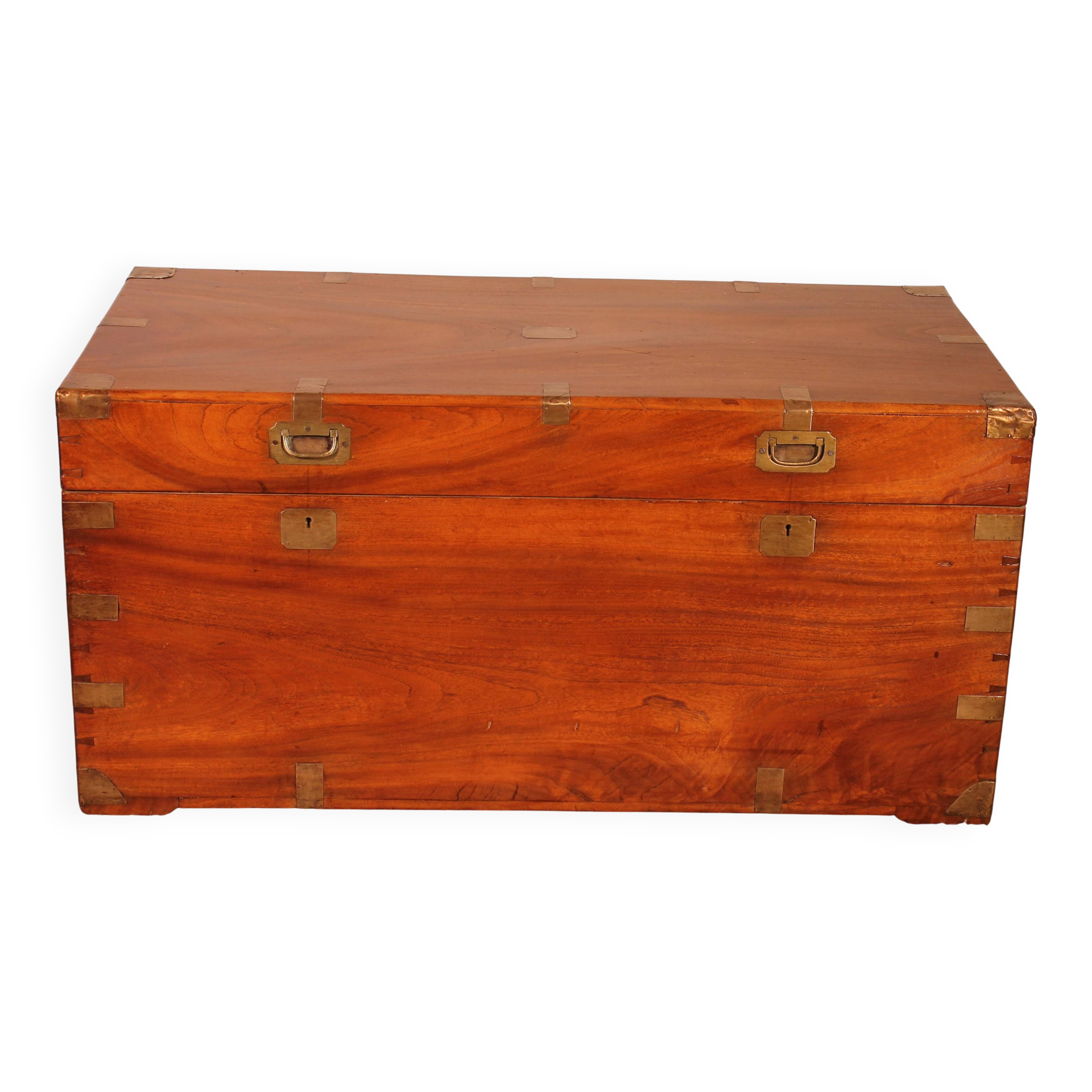 19th-century camphor wood marine chest with double locks and tray in