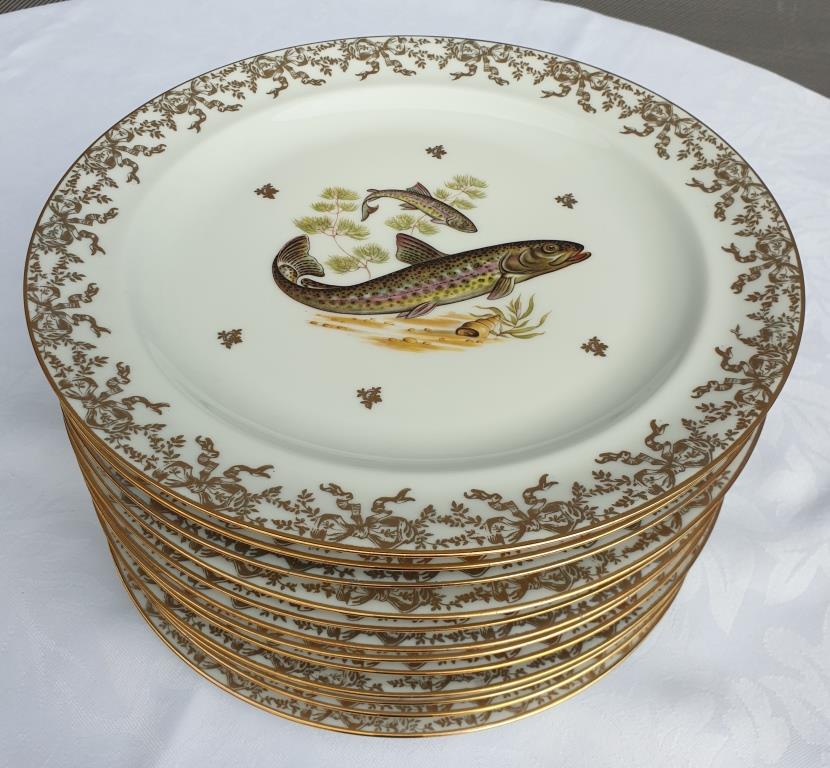 Set 12 plates porcelain gold fine fish fern limousine de Chastagner