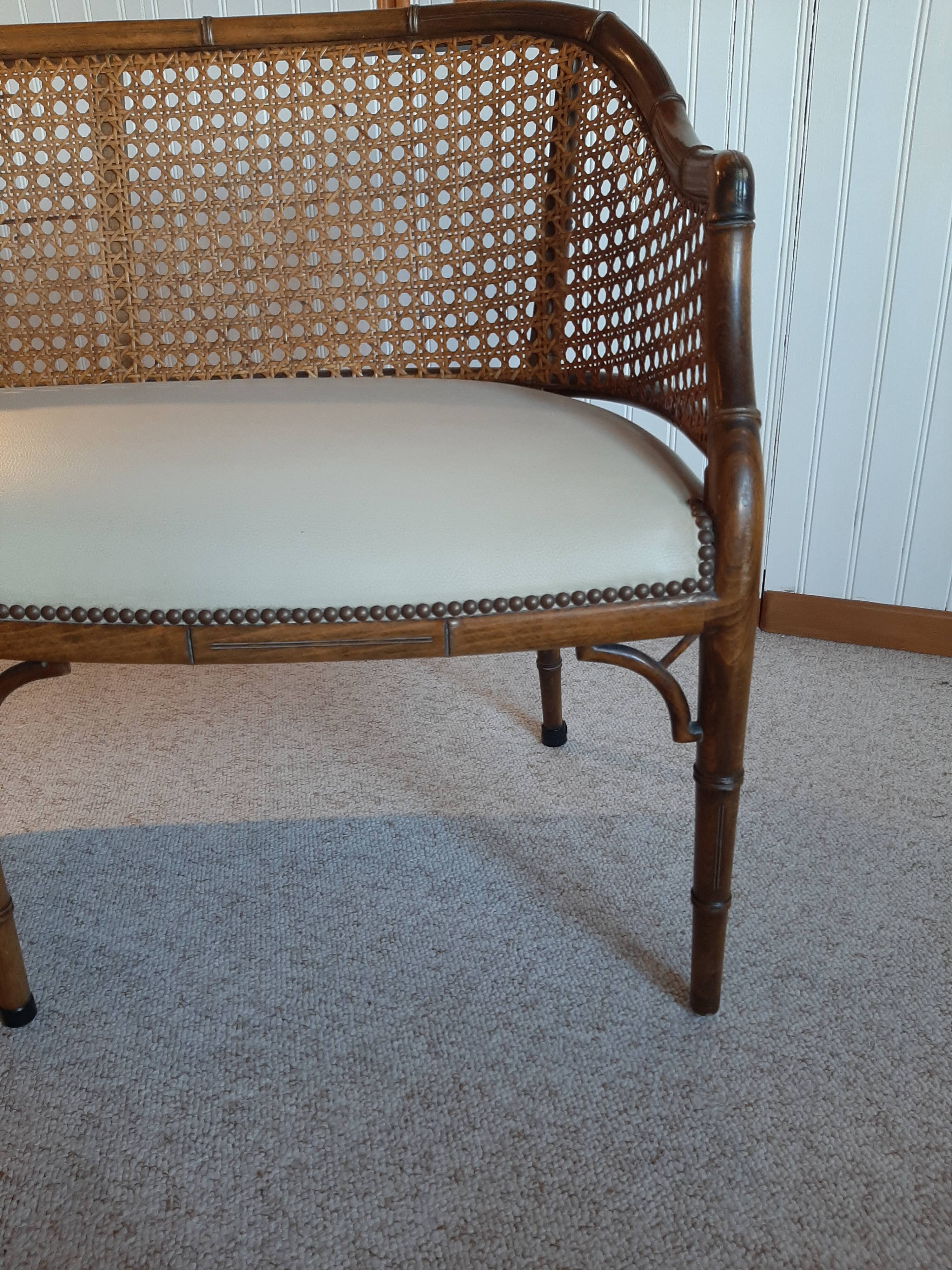2-seater bamboo cane bench in vintage white imitation leather