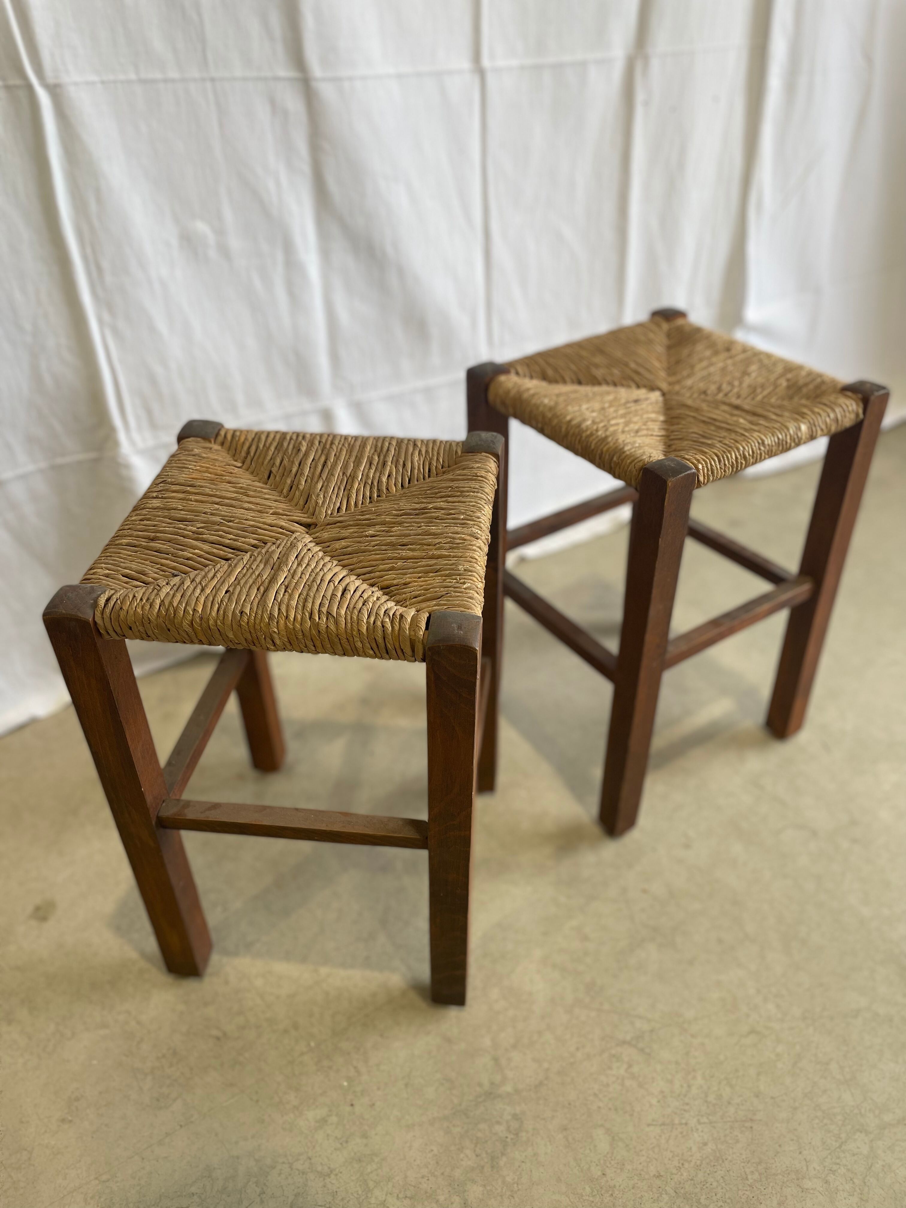 Pair of straw and wood stools