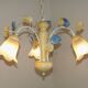 Vintage French 3 Light Chandelier with Blue & Yellow Leaf Glass Shades 5064