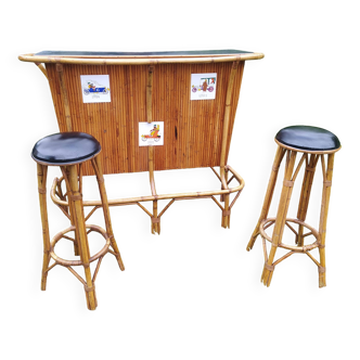 rattan bar and ceramic tiles 1960 and two stools