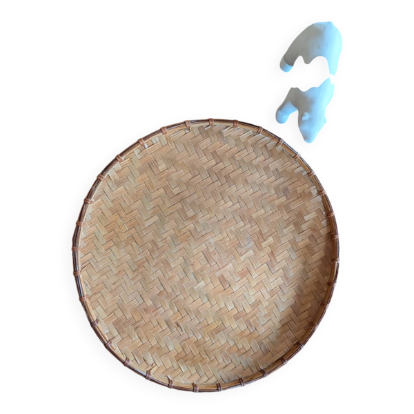 Plateau rond en bambou tressé vintage – vers 1970