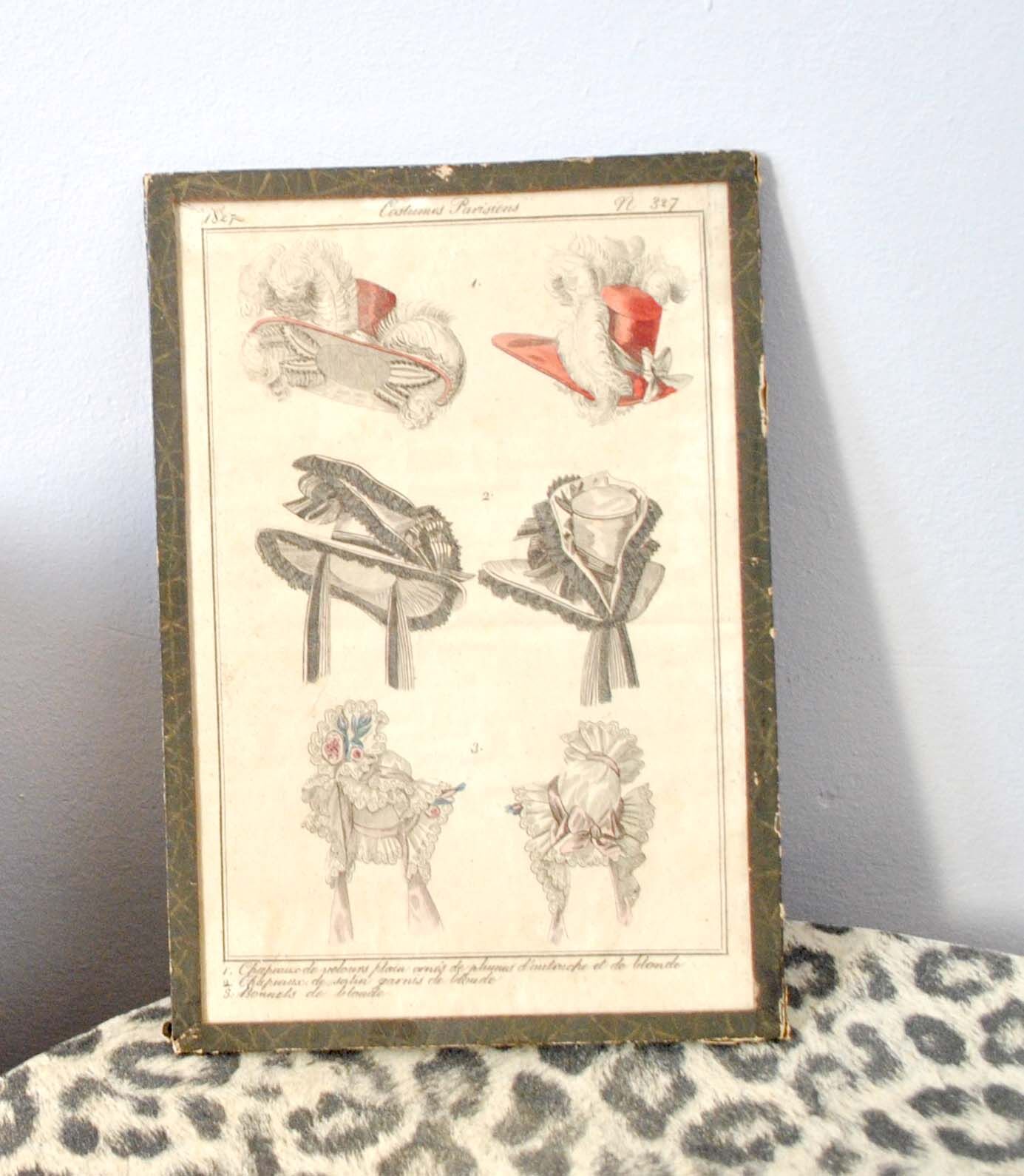 Old fashion engraving Empire 1827 "Parisian Costumes" Satin hats, velvet, blonde