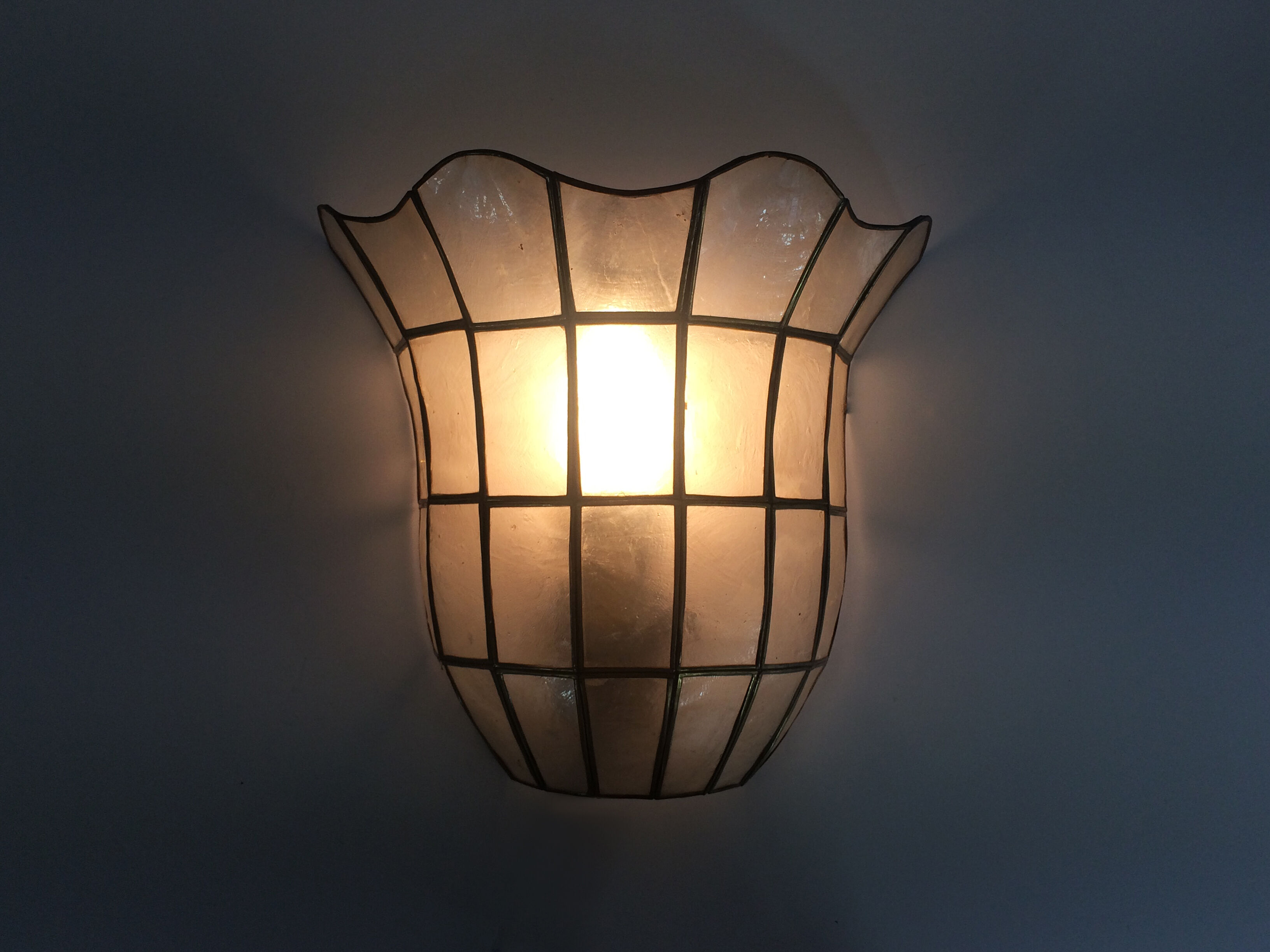 Pair of vintage wall lamps in mother-of-pearl and gilded brass 1970