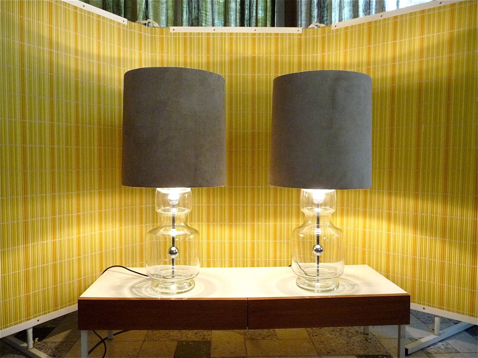 Set of 2 Glass & chrome table lamps with alcantara lampshades, 1960s