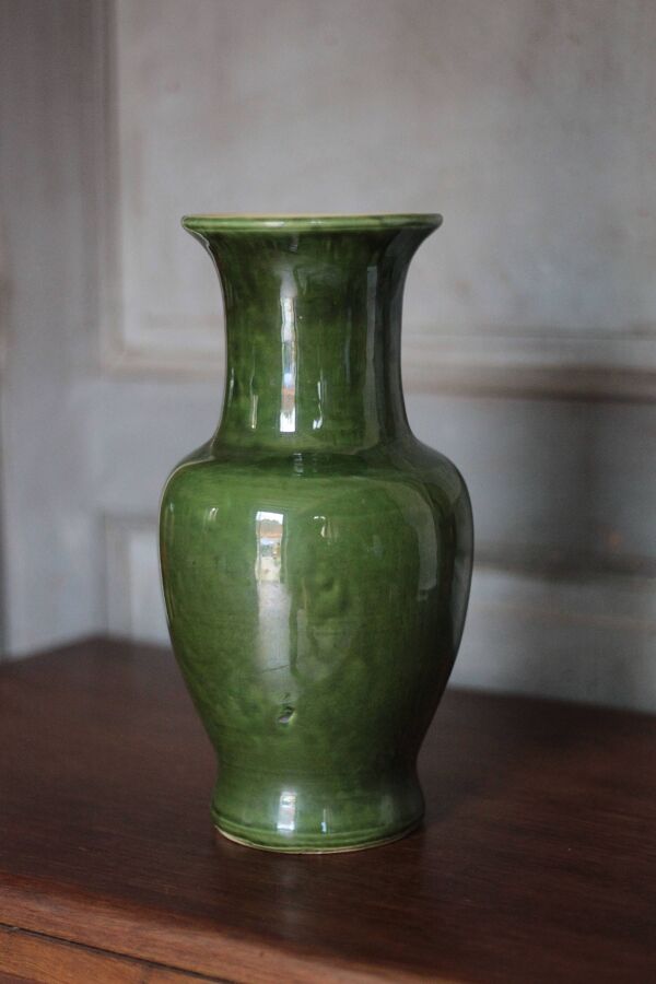 Vase céramique vernissé vert , vase balustre vintage, pot à fleurs