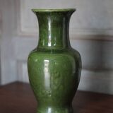 Green glazed ceramic vase, vintage baluster vase, flower pot