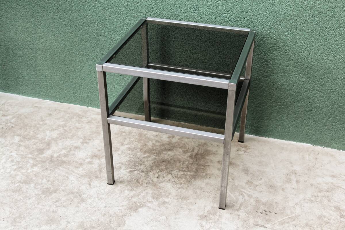 End table, chrome metal and smoked glass coffee table