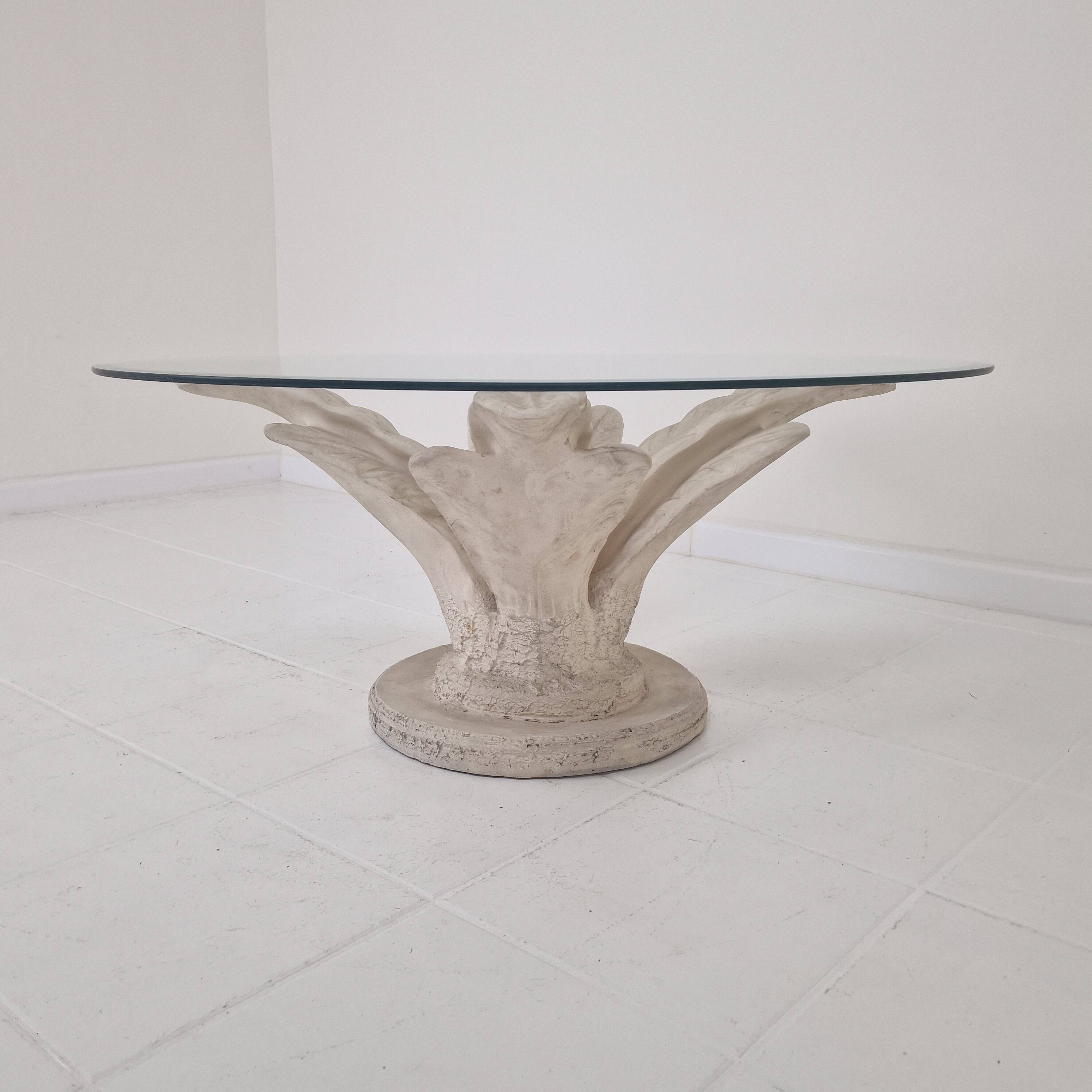 Italian "Flower" Coffee Table in Plaster With Facet Cut Round Plate, 1970s