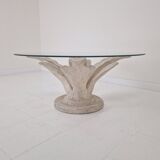 Italian "Flower" Coffee Table in Plaster With Facet Cut Round Plate, 1970s