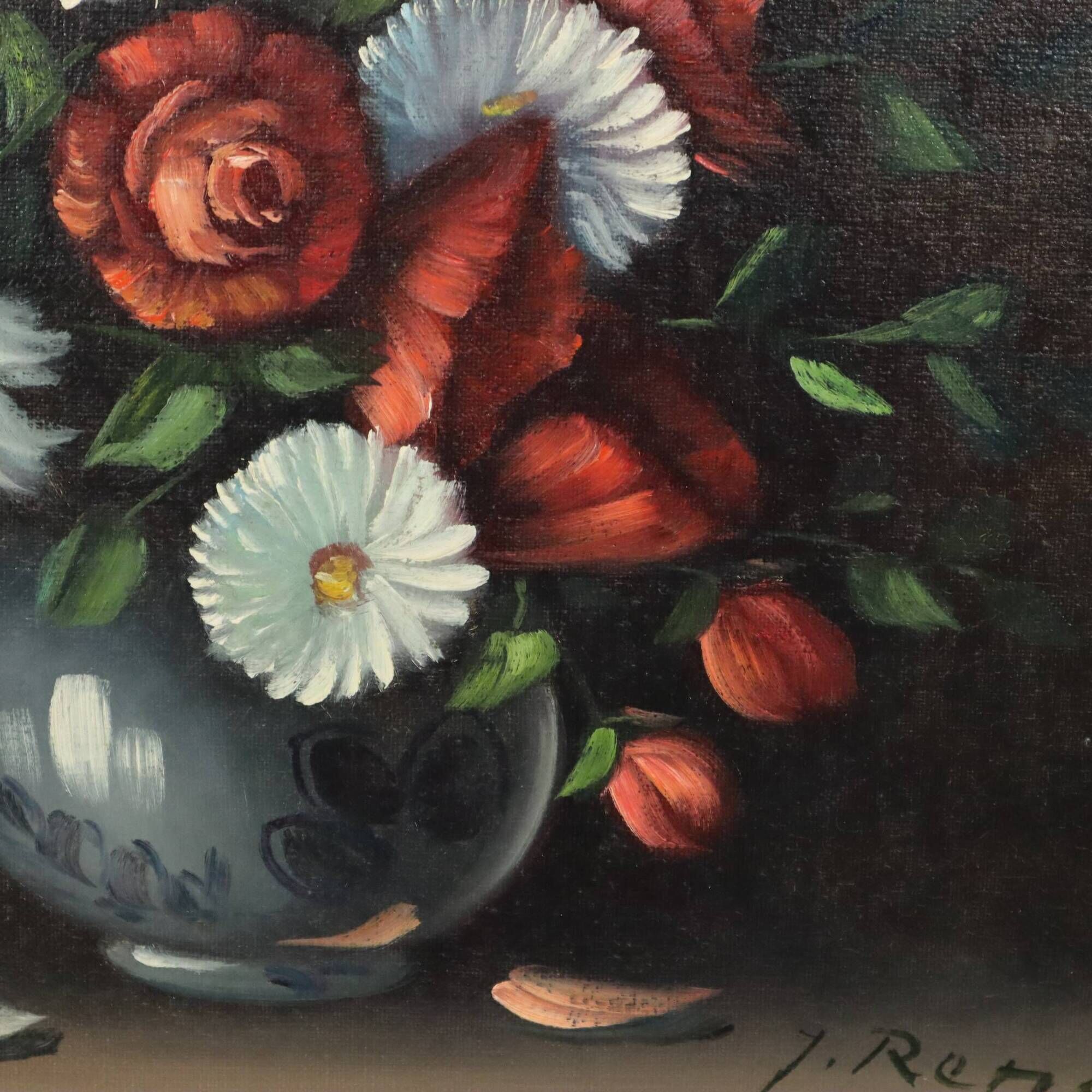 Vintage Floral Still Life Painting Signed J. Rems 60x50cm