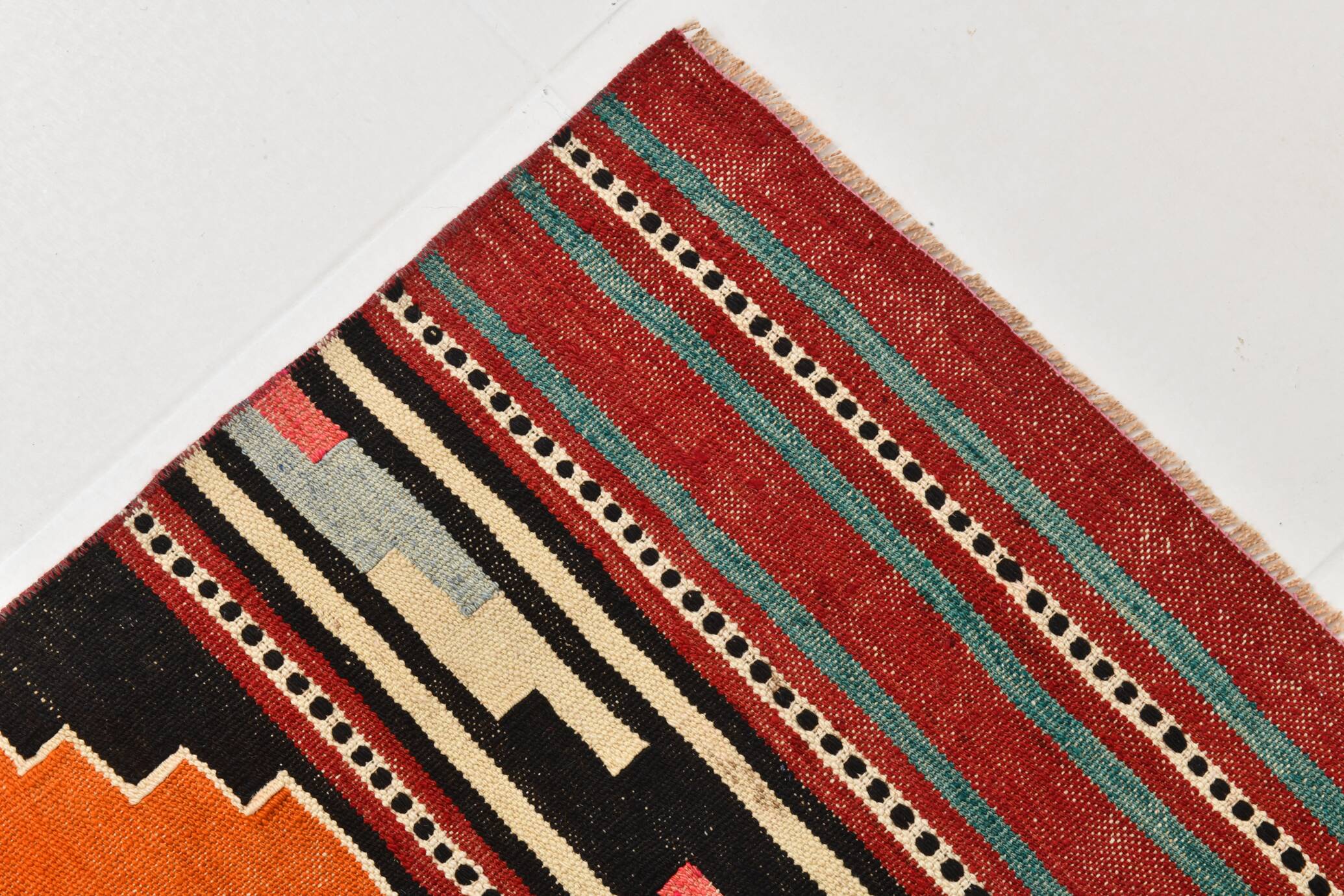2x13 Green & Red Stair Kilim Runner Rug, 72x387Cm