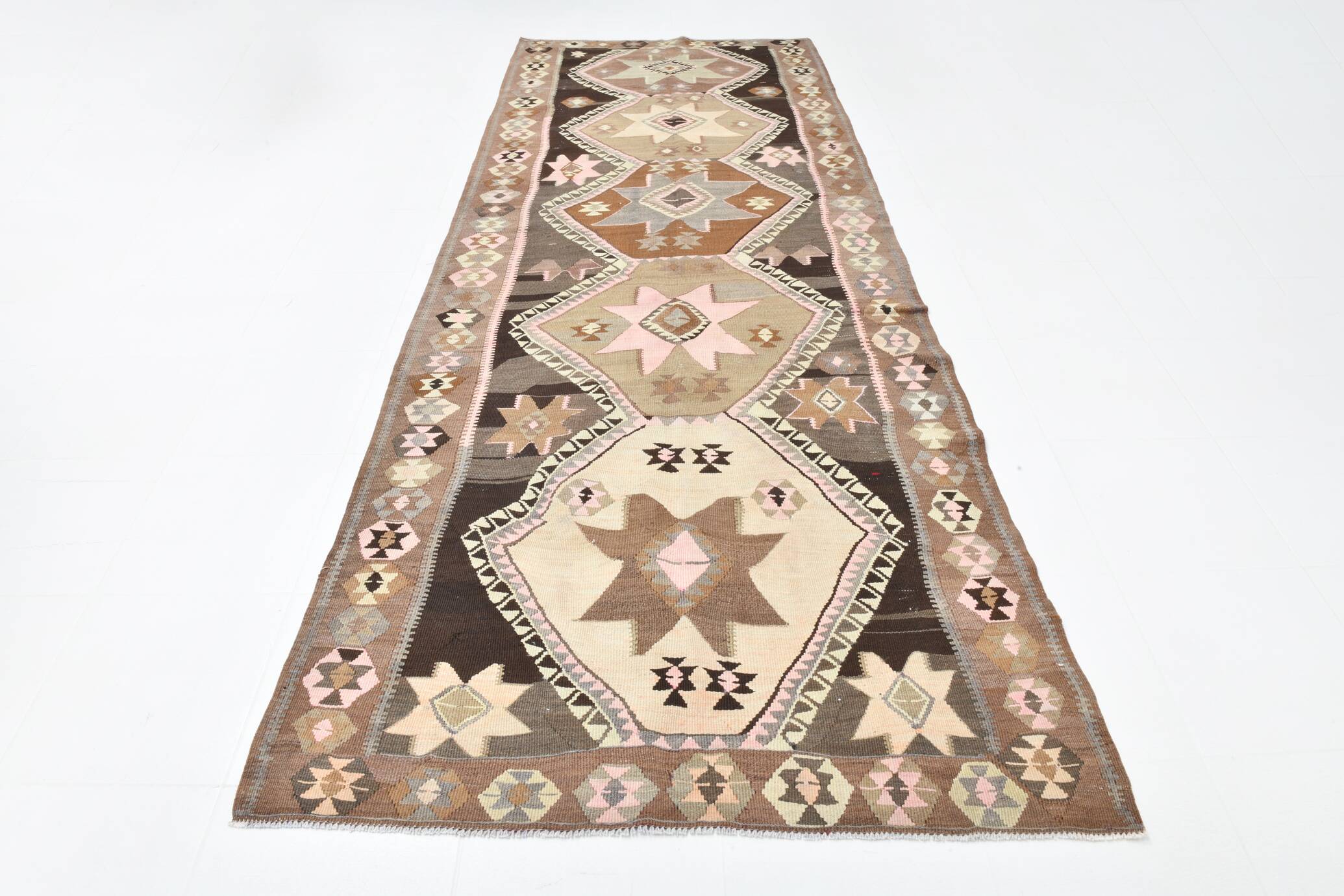 140x380Cm Brown & Grey Kilim Rug, Handmade Wool Area Rug, Stair Rug,