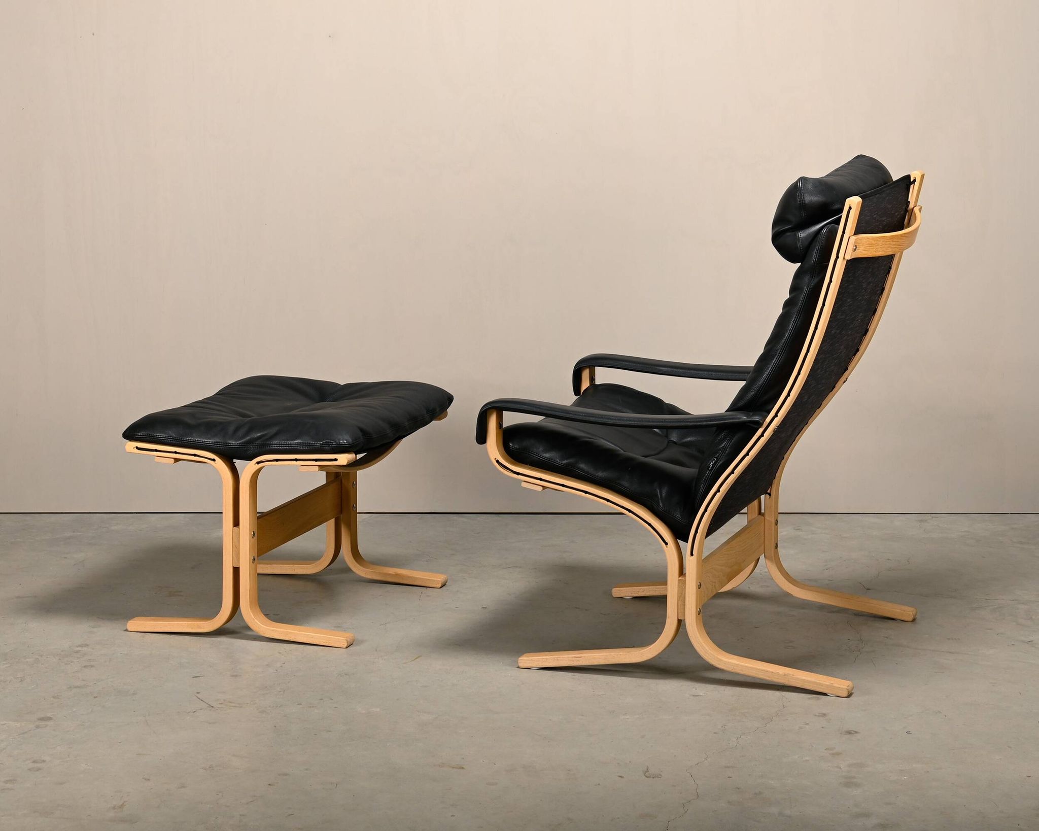 Ingmar Relling Siesta Lounge Chair and Ottoman in naturel Oak and Black Lea