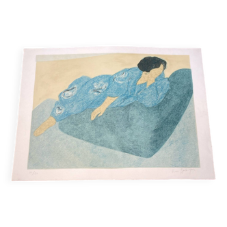 Color lithograph entitled "The Japanese bathrobe", signed Pierre Boncompain