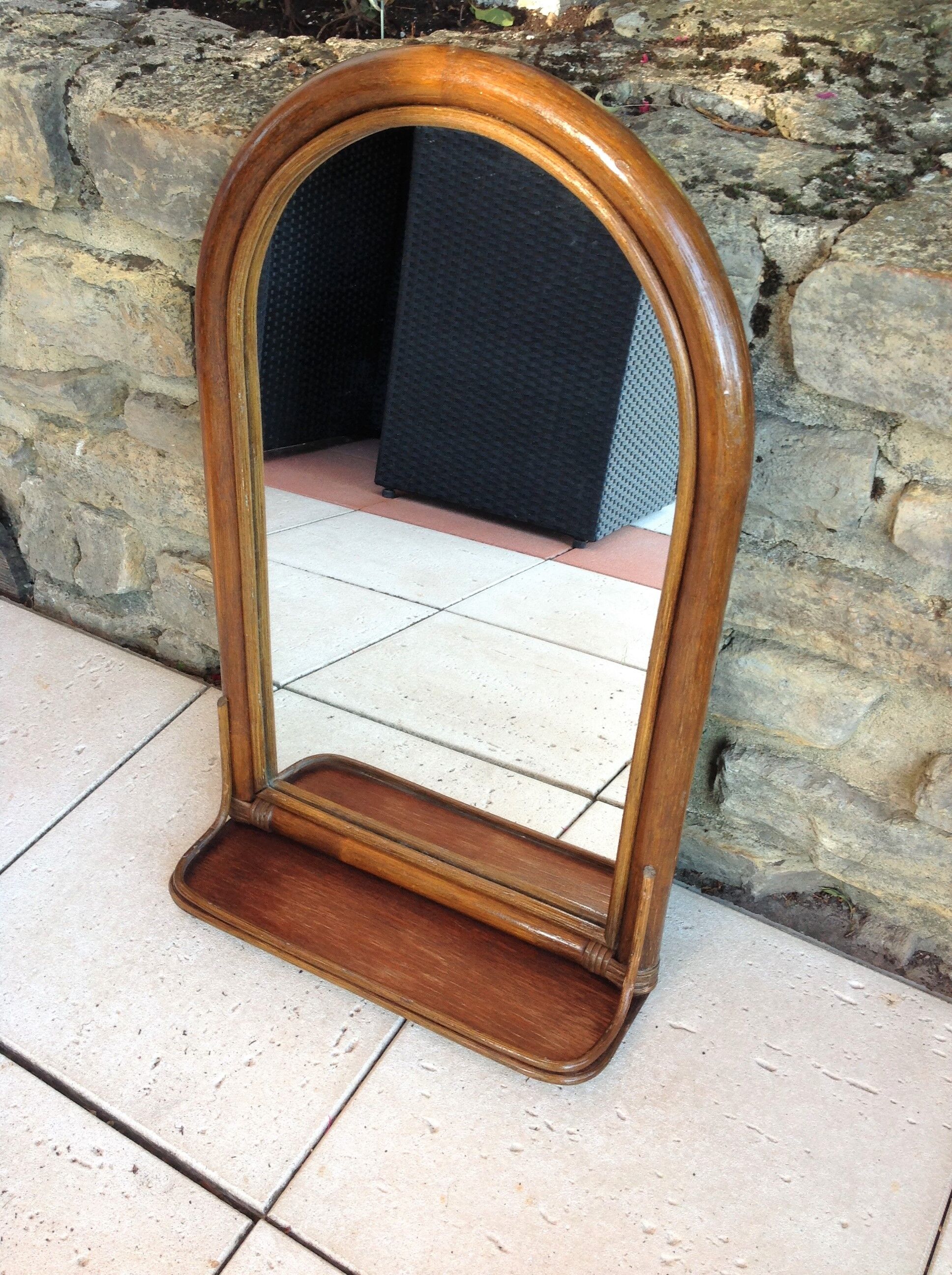 Arched rattan mirror with shelf/vintage 60s-70s