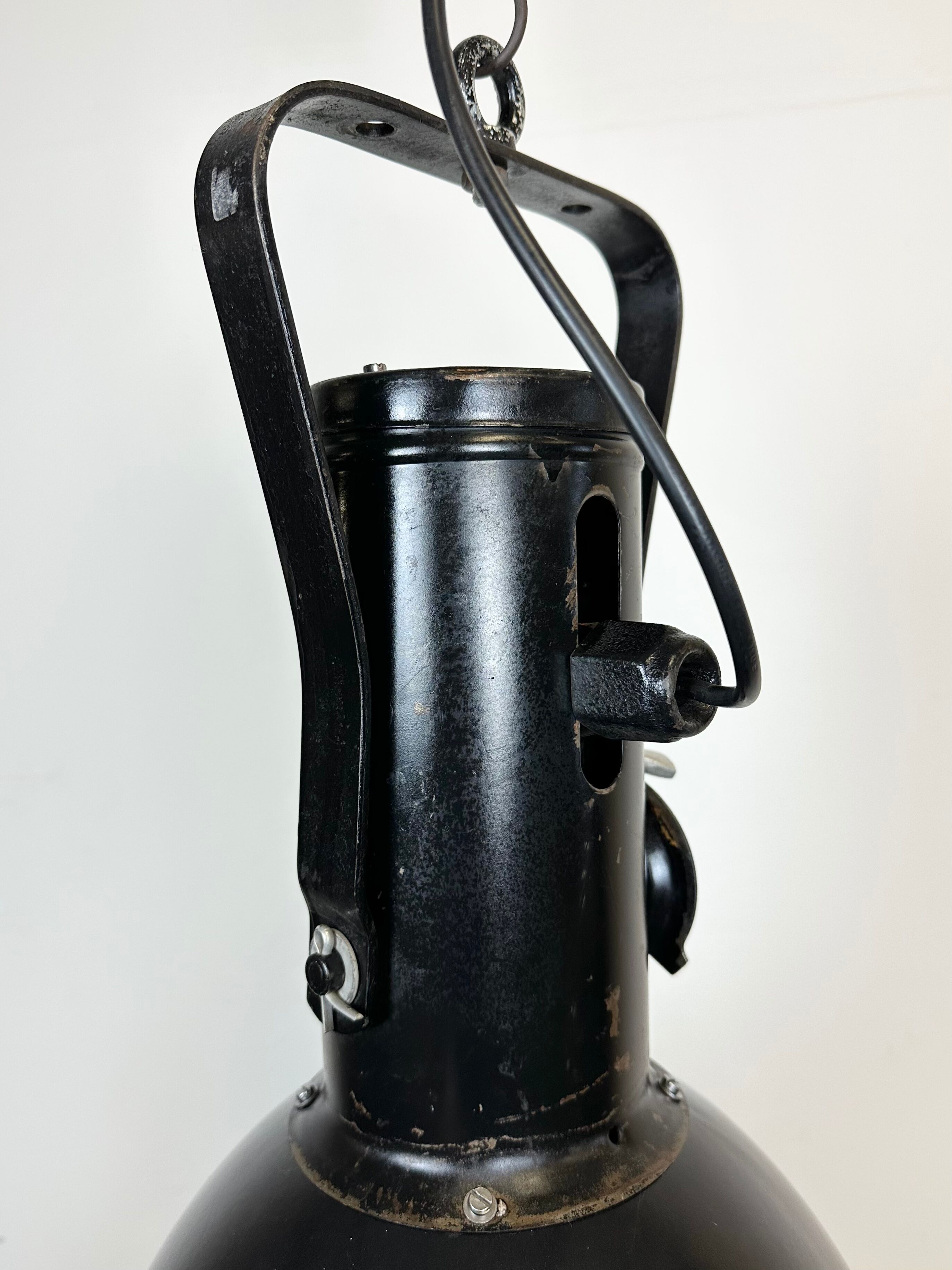 Industrial Black Enamel Factory Spotlight with Convex Glass Cover, 1960s