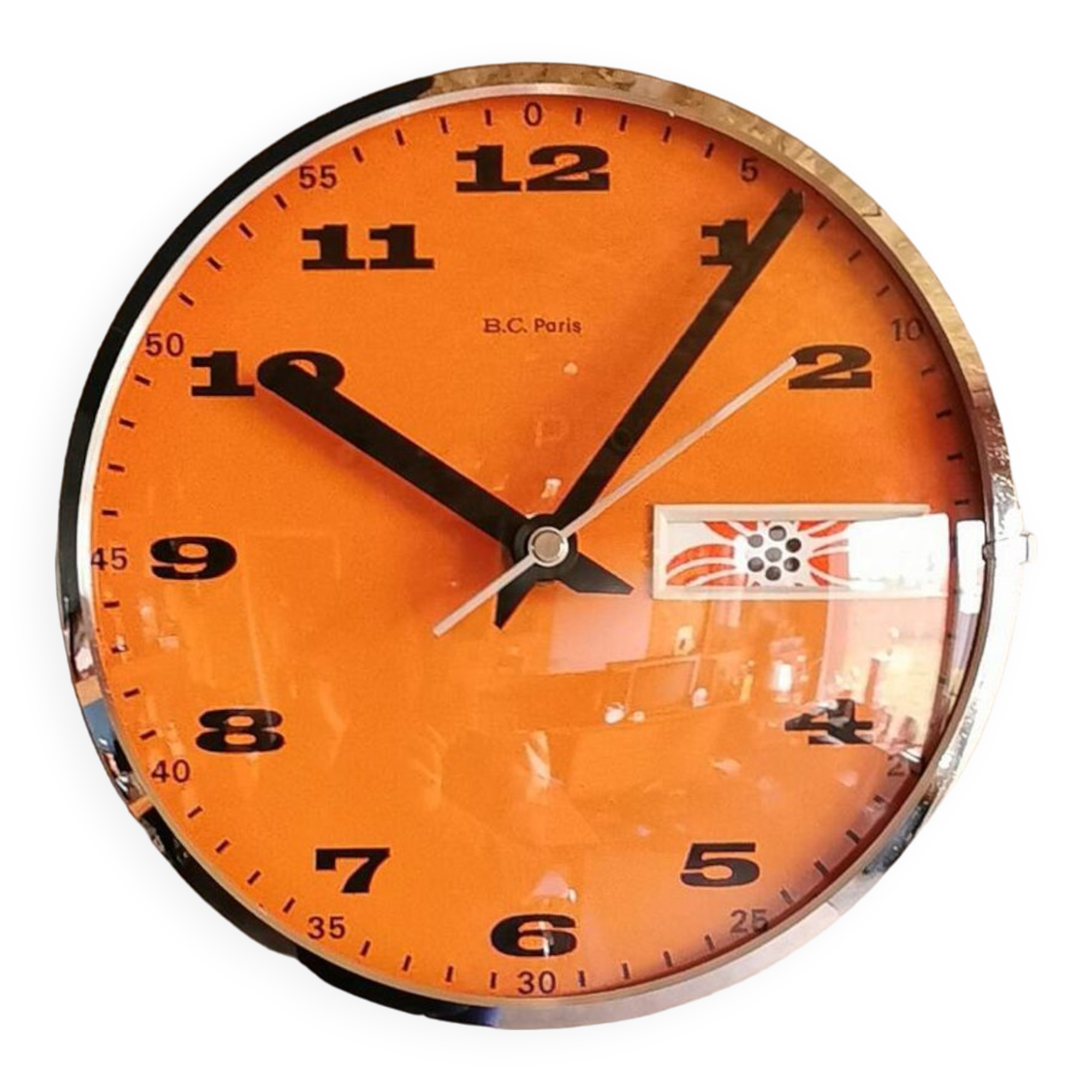 Vintage formica clock square silent wall pendulum "BC Paris silver orange"