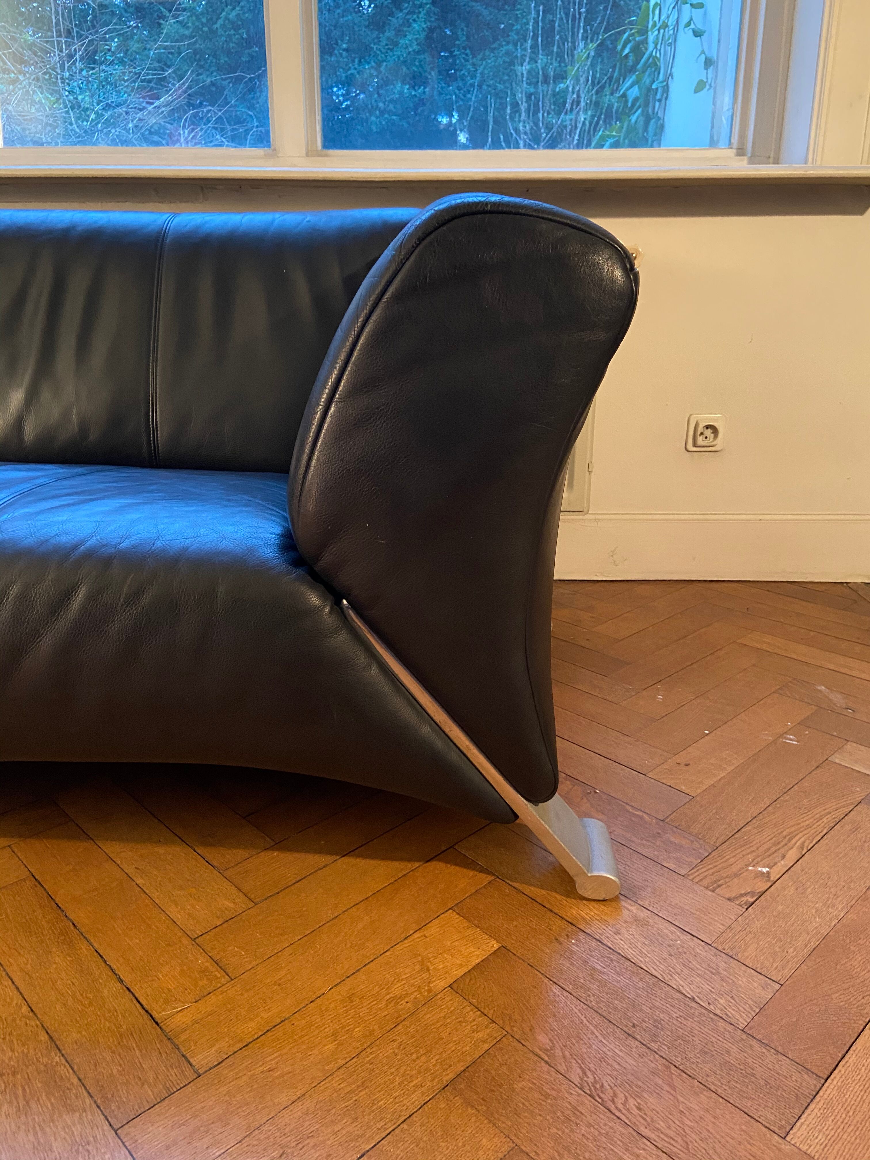 Rolf Benz 2-seater black leather sofa, Germany, 1980s