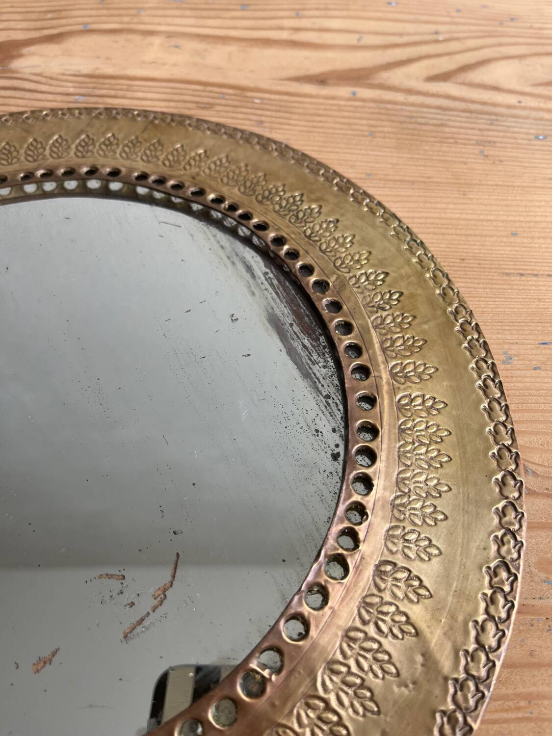 Round hammered brass mirror / vintage openwork